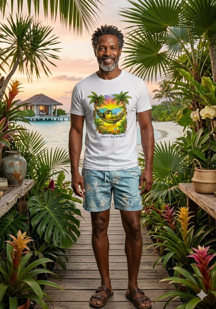 A man on a tropical boardwalk at sunset wearing the white signature tee