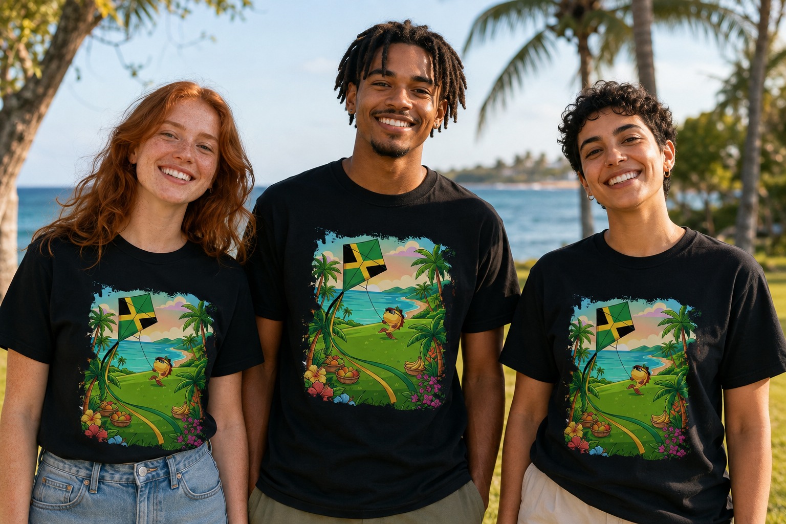 Three friends by the sea wearing black Kite Day tees