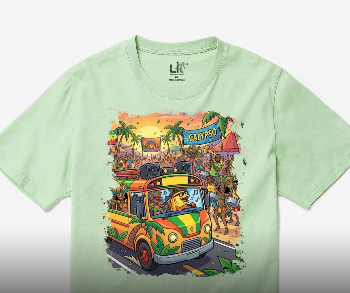 A mint tee printed with a carnival road scene of dancers and a music truck