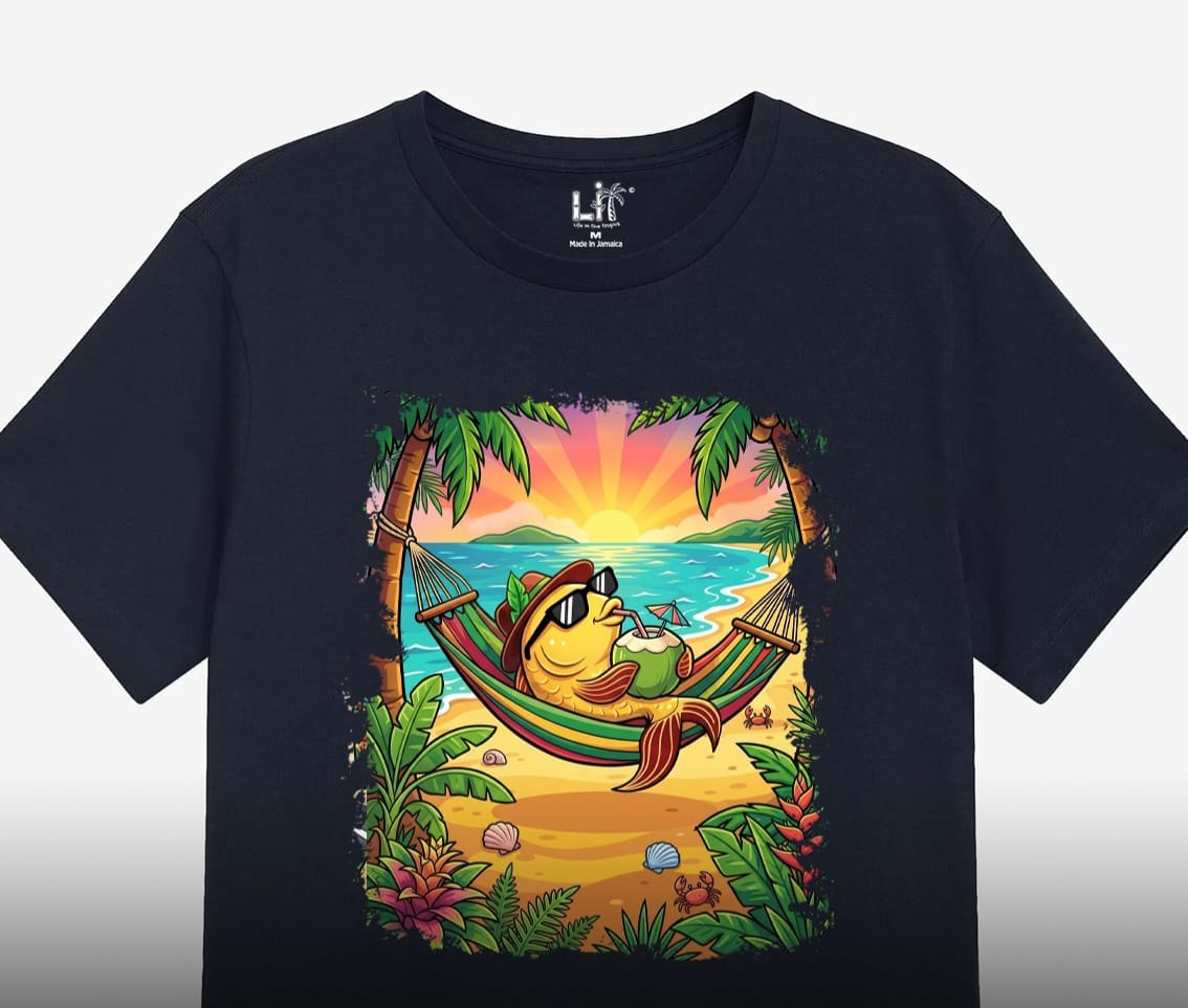 Dapper Snapper resting in a hammock at sunset, printed on a black tee