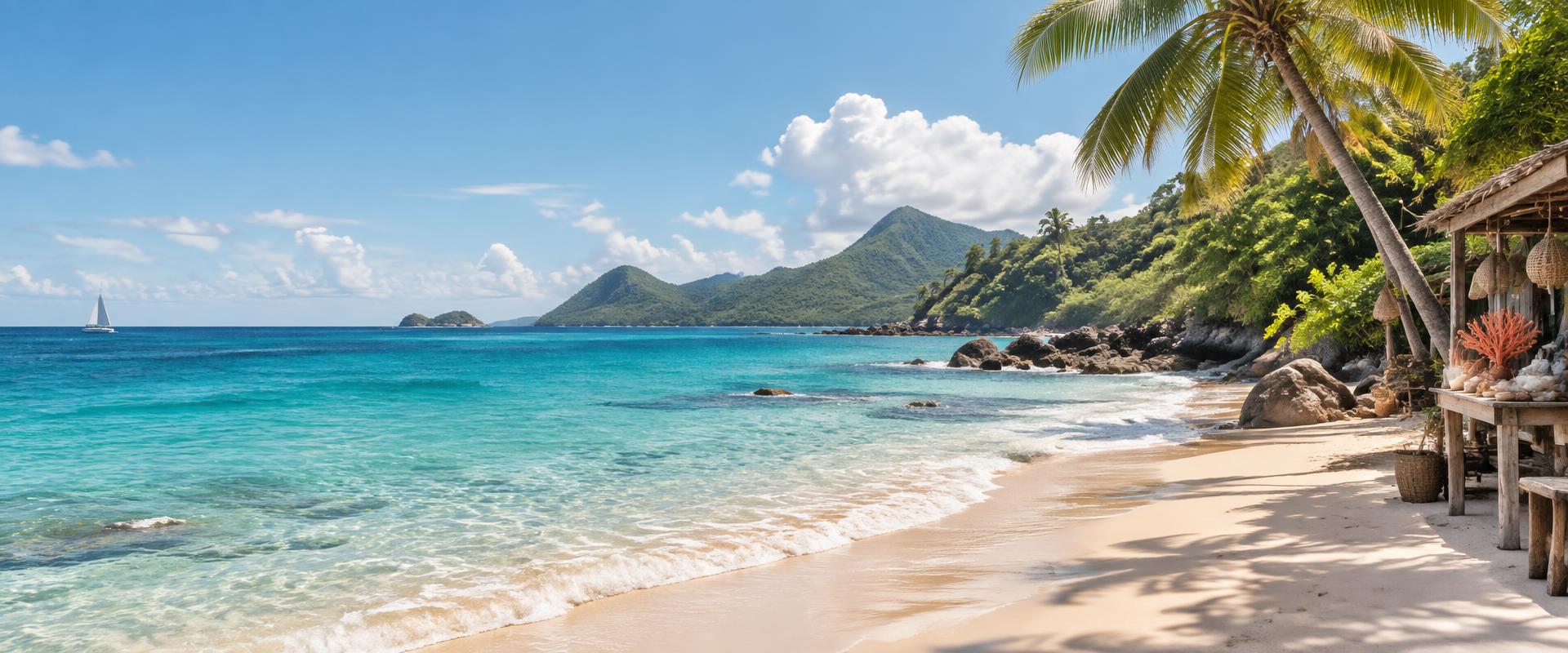 A bright Caribbean coastline with turquoise water, palms and a beach market