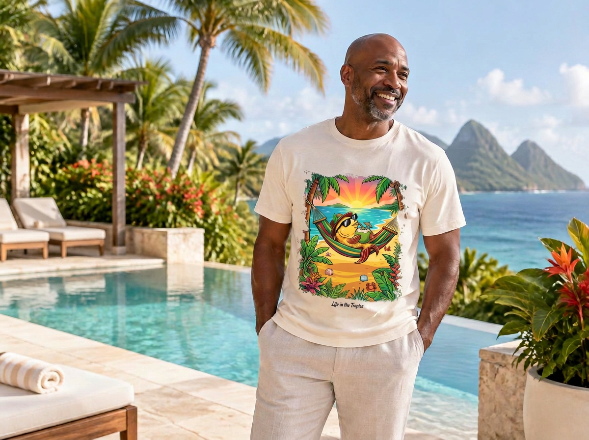 A smiling man in a light tropical graphic tee beside a Caribbean pool and ocean